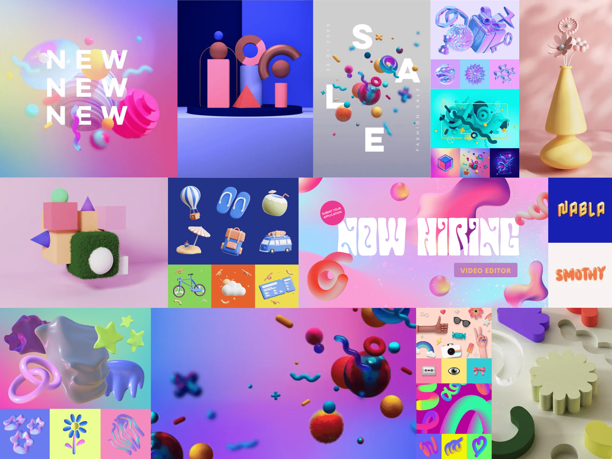 This mood board is made up of brightly colored 3D images that challenge the viewer's sense of space and their place in it.