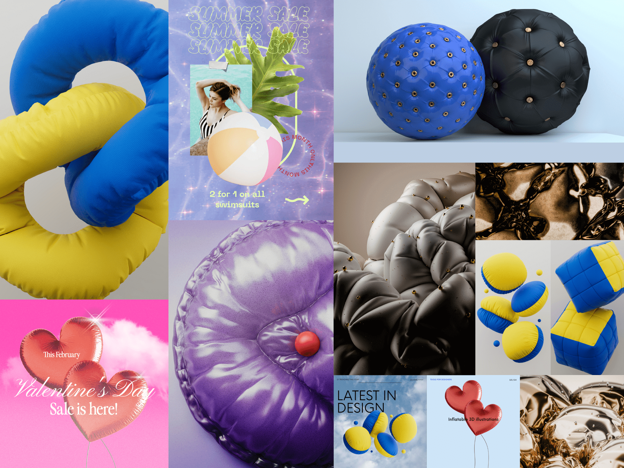 Mood board made up of images showing stuffed balls, balloons and cubes floating in space. The fun vibe is buoyed by the use of bright yellow, cobalt blue, purple, red and pink.