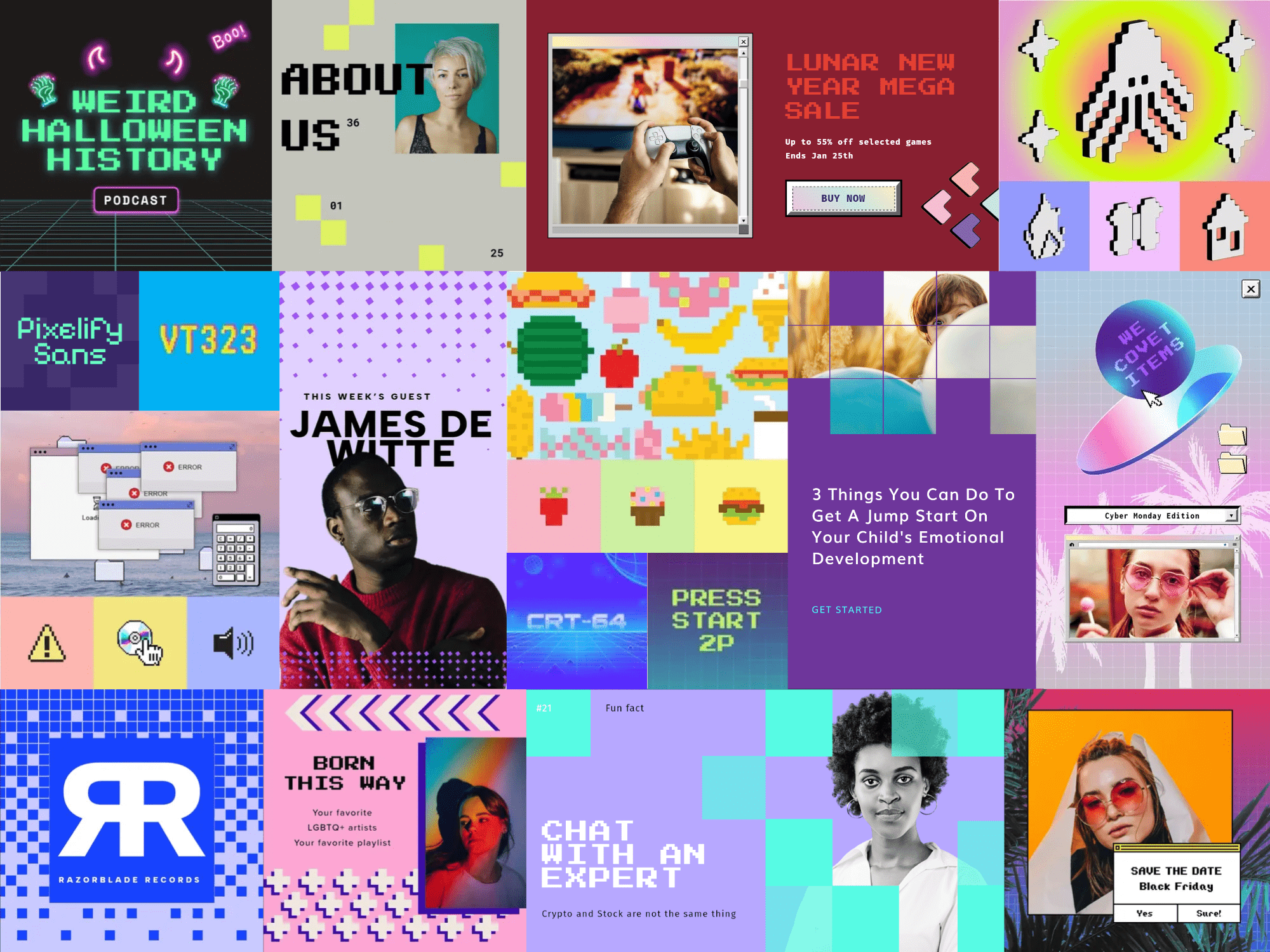 80's bytes mood board made up of designs that use pixelated type and imagery to reference the early days of video games. Photos of people are lifted out of their natural backgrounds and presented against vibrant backgrounds of lilac and teal.