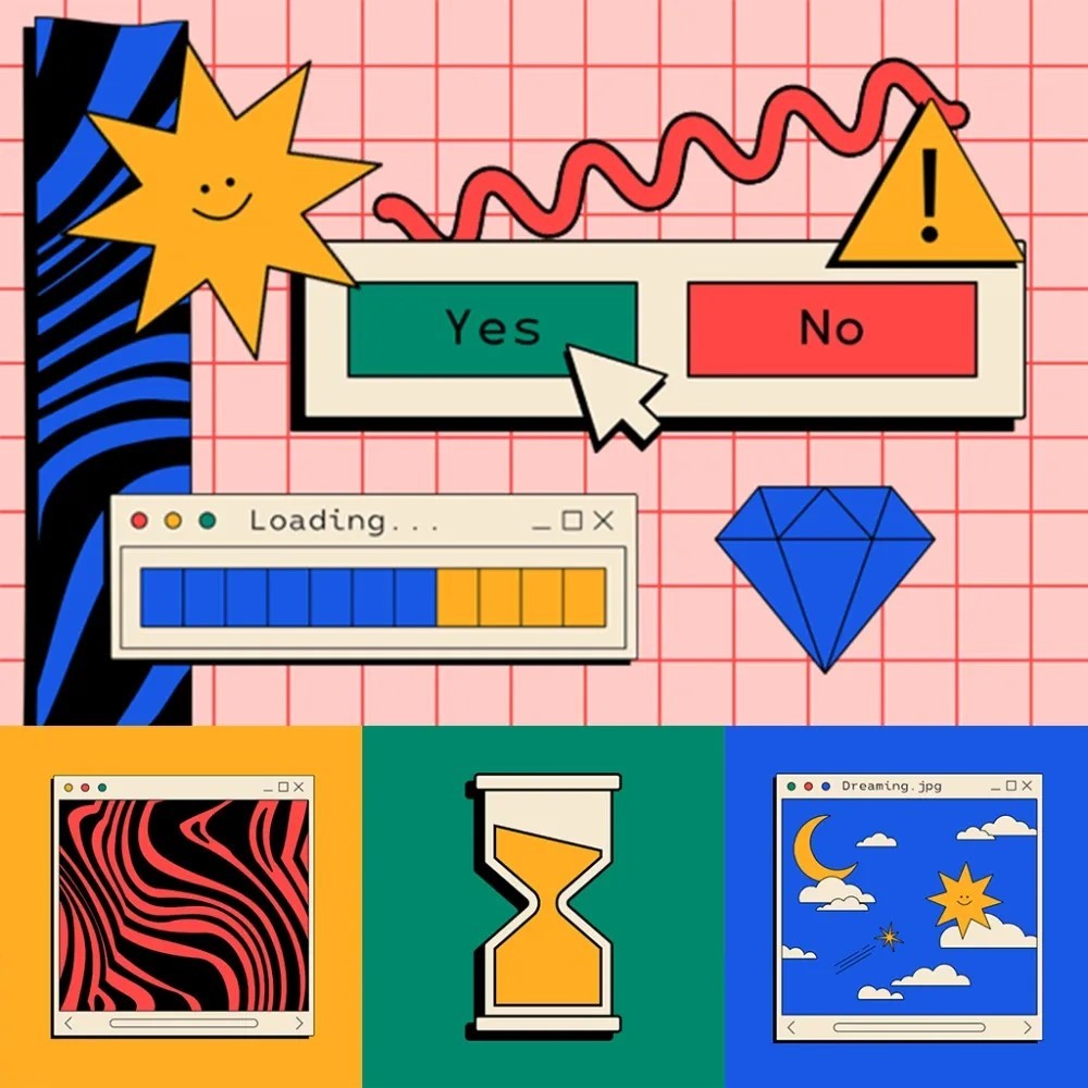 A colorful, abstract collage featuring digital and hand-drawn elements. There is a smiling cartoon sun next to a zigzagging line and a warning triangle. Below, a cursor hovers over a green &quot;Yes&quot; button, next to a red &quot;No&quot; button. A progress bar window reads &quot;Loading...&quot; with a blue fill indicating progress. There's a diamond shape to the right. The bottom section shows three stylized windowpanes: one with red and black wavy lines, another with an hourglass, and the third depicting a nighttime scene with a moon, stars, and a sun. The background is a grid pattern, pink on the top and green on the bottom