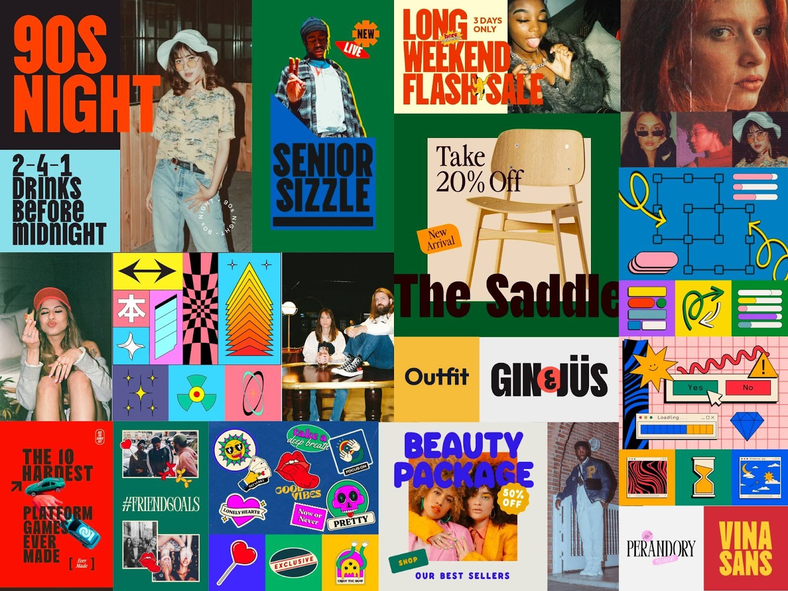 A collage of various colorful graphic designs and photographs that evoke a retro 1990s aesthetic. The designs include promotional material for events like &quot;90s NIGHT&quot; with &quot;2-4-1 Drinks Before Midnight,&quot; sales advertisements like &quot;LONG WEEKEND FLASH SALE,&quot; and fashion-related imagery with terms such as &quot;SENIOR SIZZLE&quot; and &quot;Outfit.&quot; There are also images of people dressed in 90s style clothing, a wooden chair advertised with &quot;Take 20% Off,&quot; and other assorted graphics that include a Magic 8 Ball, floppy disks, and abstract shapes. The overall theme is vibrant and eclectic, mixing bold text, nostalgic imagery, and playful elements to create a visually stimulating montage