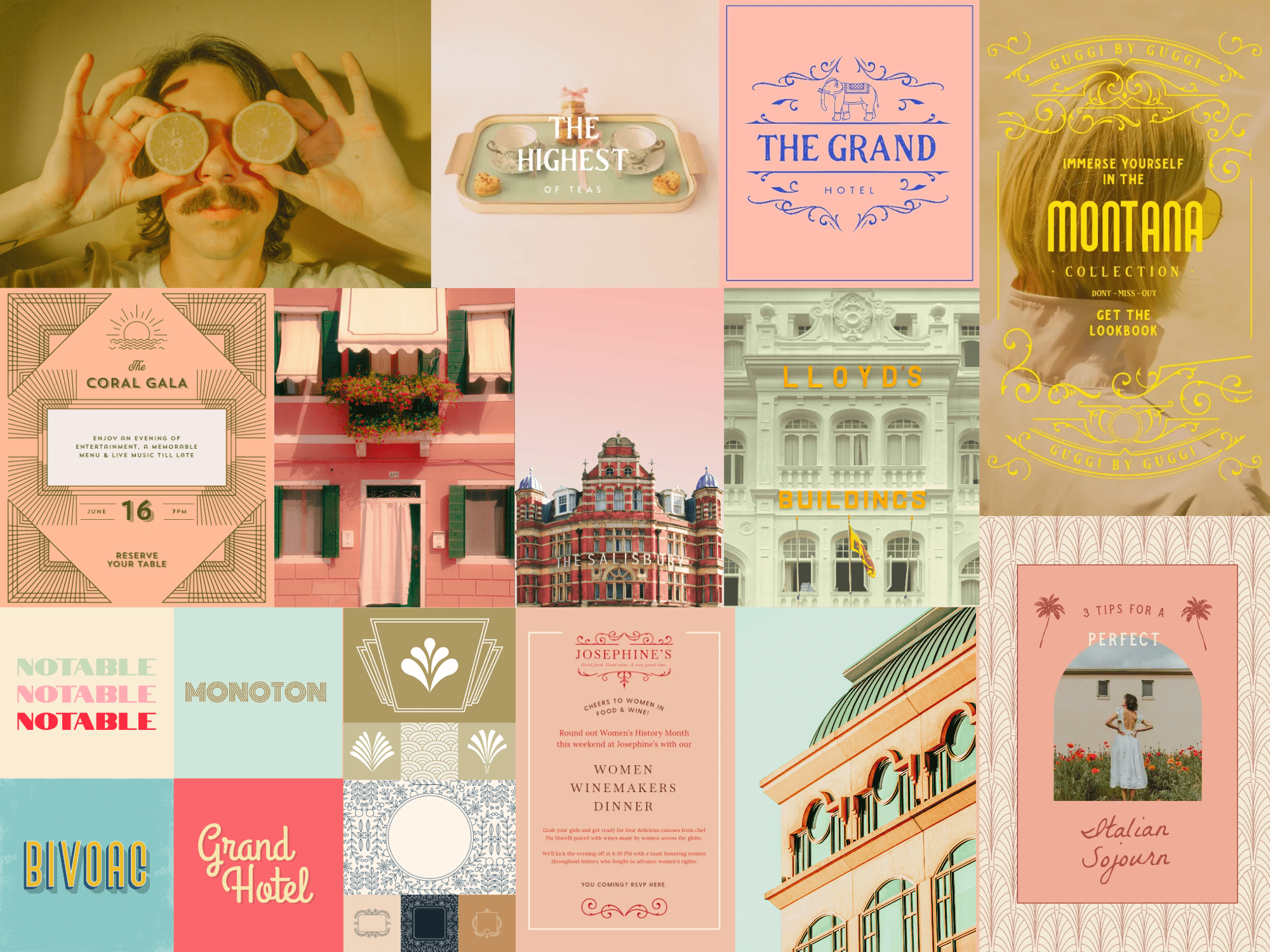 The Wes effect mood board is dominated by sunny Caribbean pastels, unexpected typefaces and vintage flourishes.