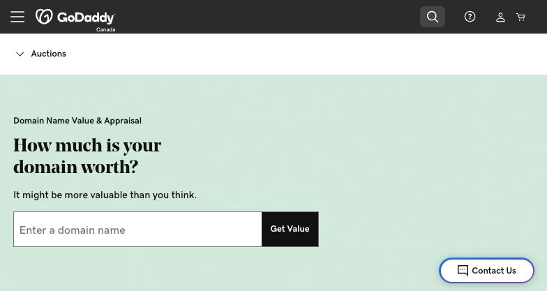 GoDaddy domain name appraisal landing page
