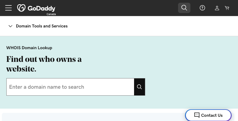 GoDaddy WhoIs domain lookup landing page