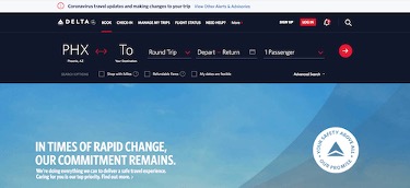 Die Homepage von Delta Airlines bietet Coronavirus-Informationen direkt auf der Startseite.