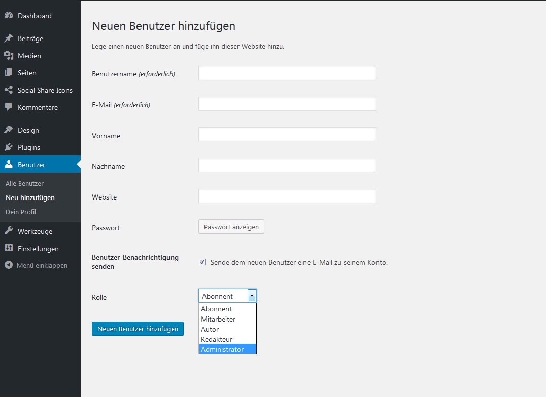 WordPress Login Rollen verteilen und Login-Bereich schützen_benutzer-hinzufuegen