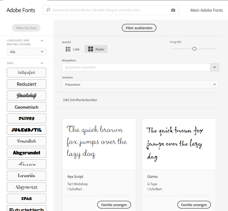 Abbildung Google Fonts mit Adobe-Fonts durchsuchen