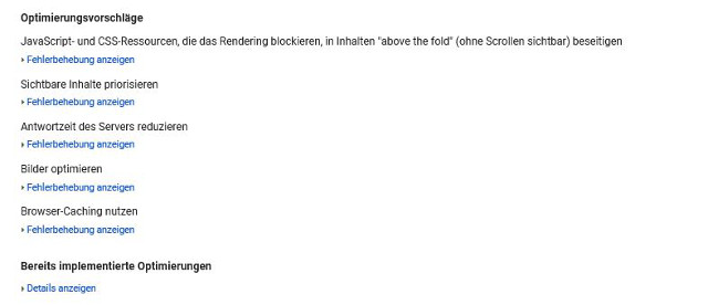 Abbildung - Pagespeed Insights - Optimierungsvorschläge