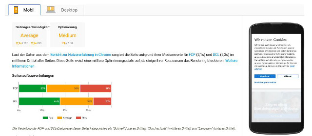 Abbildung - Analyseergebnis von Pagespeed Insights für die mobile Suche