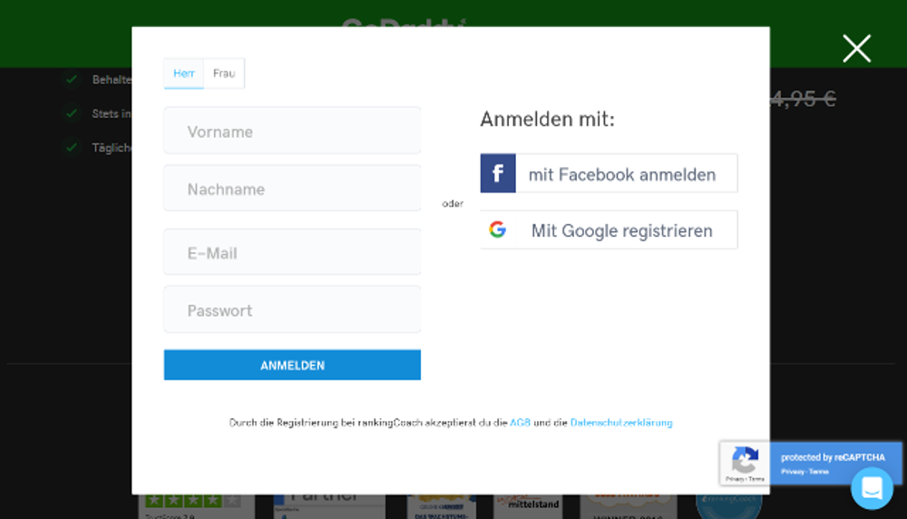 Abbildung - Anmeldung in der GoDaddy rankingCoach Edition