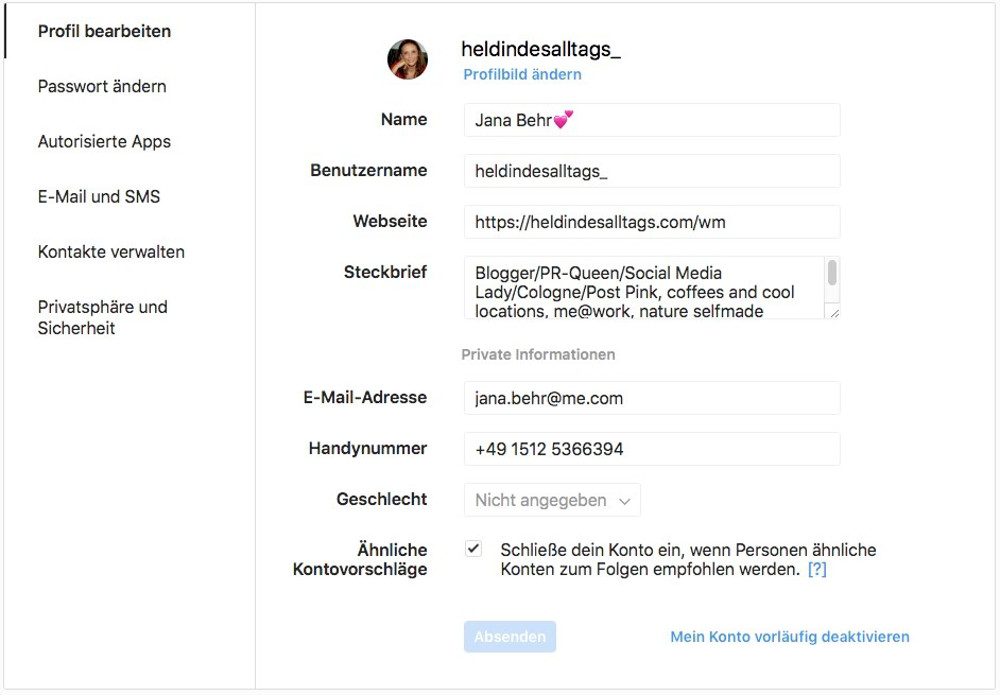 Instagram-Account löschen Abbildung-2 - Profilangaben im Dashboard von Instagram