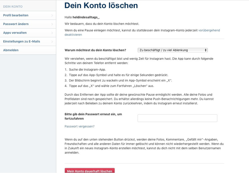 Instagram-Account löschen Abbildung-5 - Das Löschen des Instagram-Accounts bestätigen