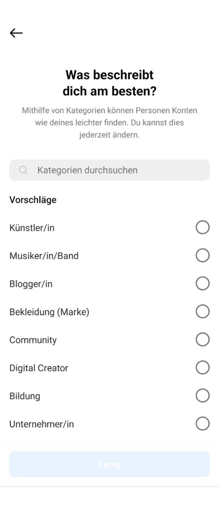 Instagram Shop - Abbildung 4 - Wähle eine Kategorie für deinen Instagram Business Account