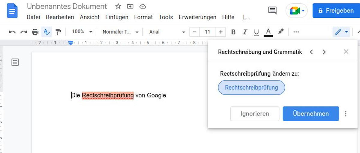 Abbildung: Google Docs integriert eine gut funktionierende Rechtschreibprüfung.