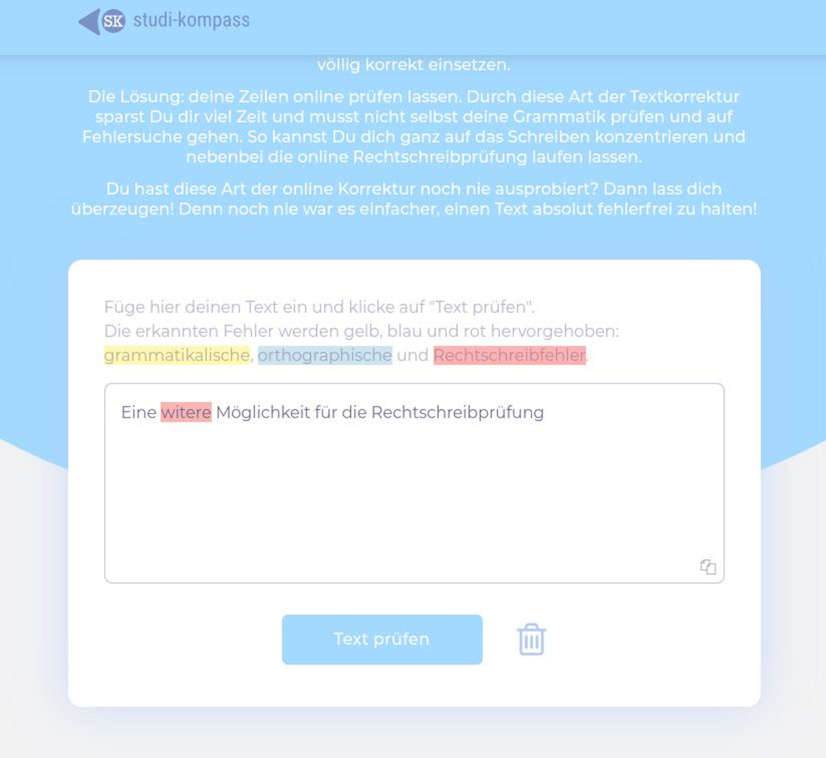 Abbildung: Studi-Kompass ist eine weitere Möglichkeit zur Online-Rechtschreibprüfung.