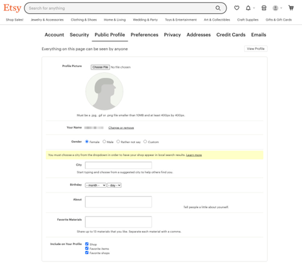 Abbildung: Öffentliches Etsy Profil bearbeiten
