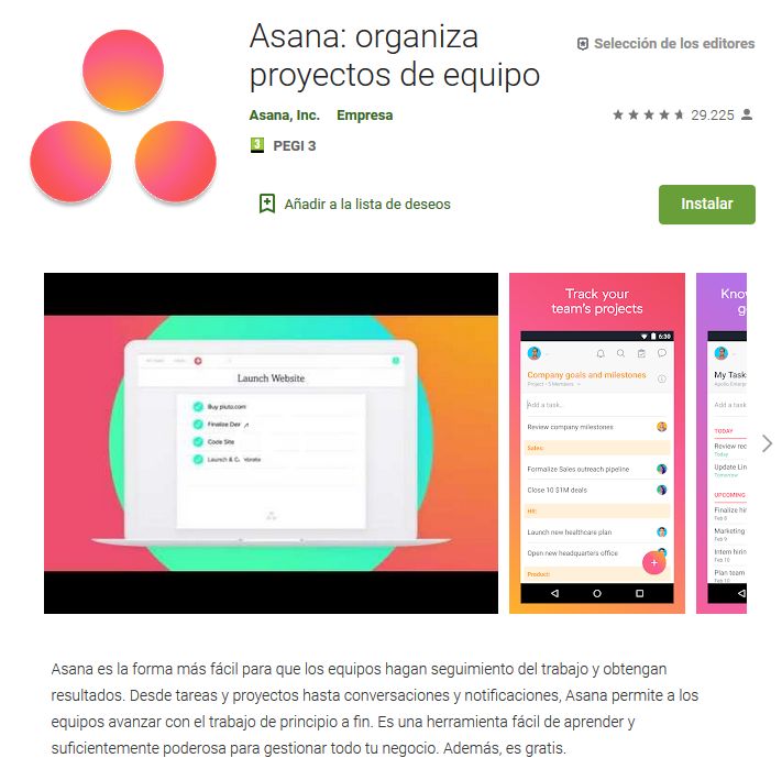 Imagen de la versión móvil de Asana en la Play Store de Google.