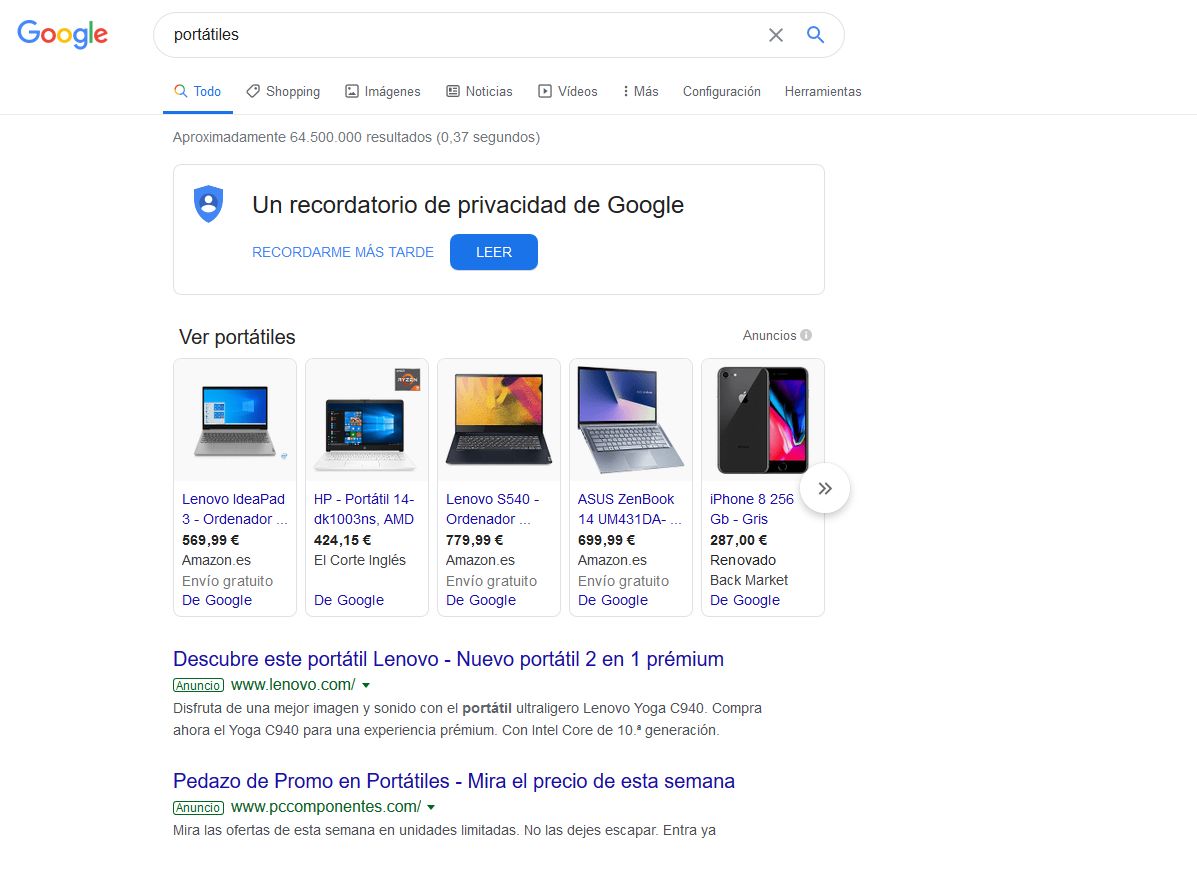 Imagen de la búsqueda en Google del término &quot;portátiles&quot; mostrando anuncios de pago.