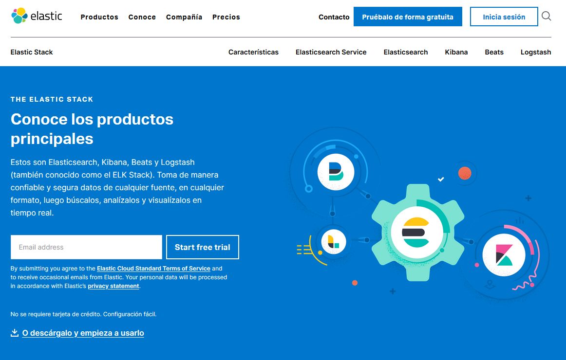 Imagen de la web de Elastic, donde ofrecen Elasticsearch y otras herramientas de trabajo