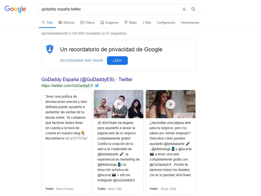 Imagen de búsqueda en Google para la cuenta de Twitter de GoDaddy España