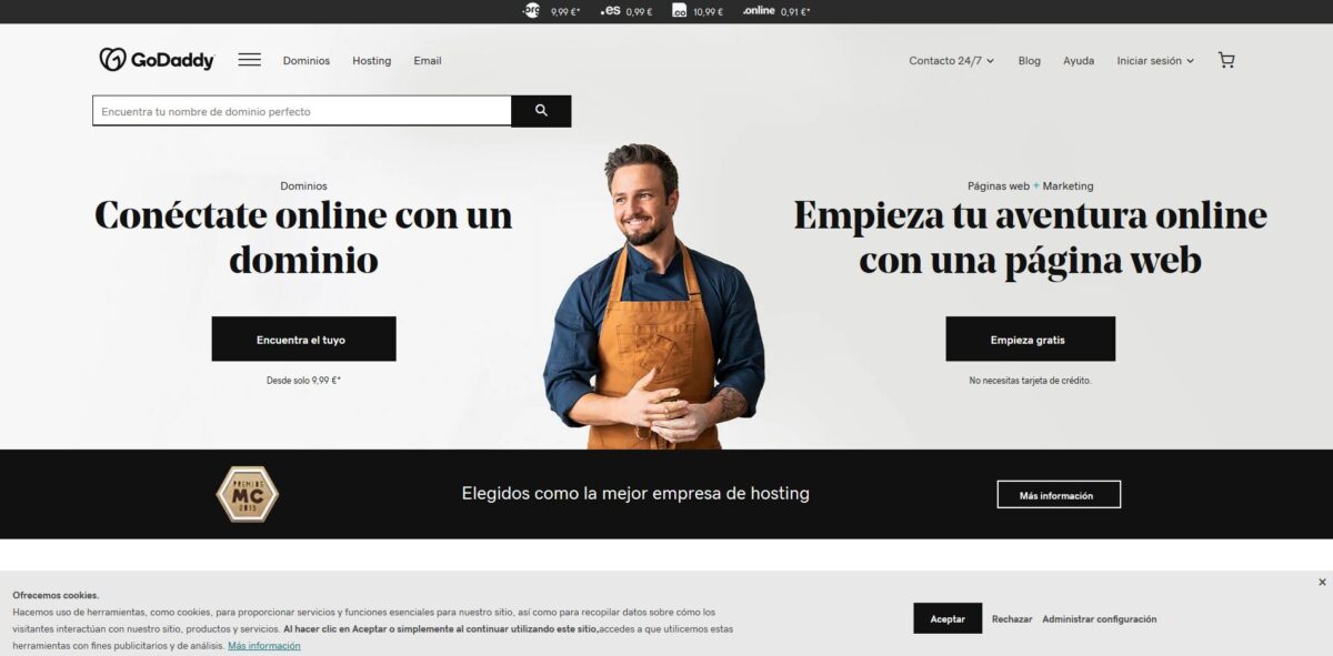 Imagen de la landing page principal de la web de GoDaddy España