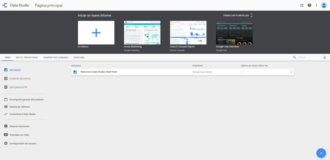Imagen de la página principal de Google Data Studio