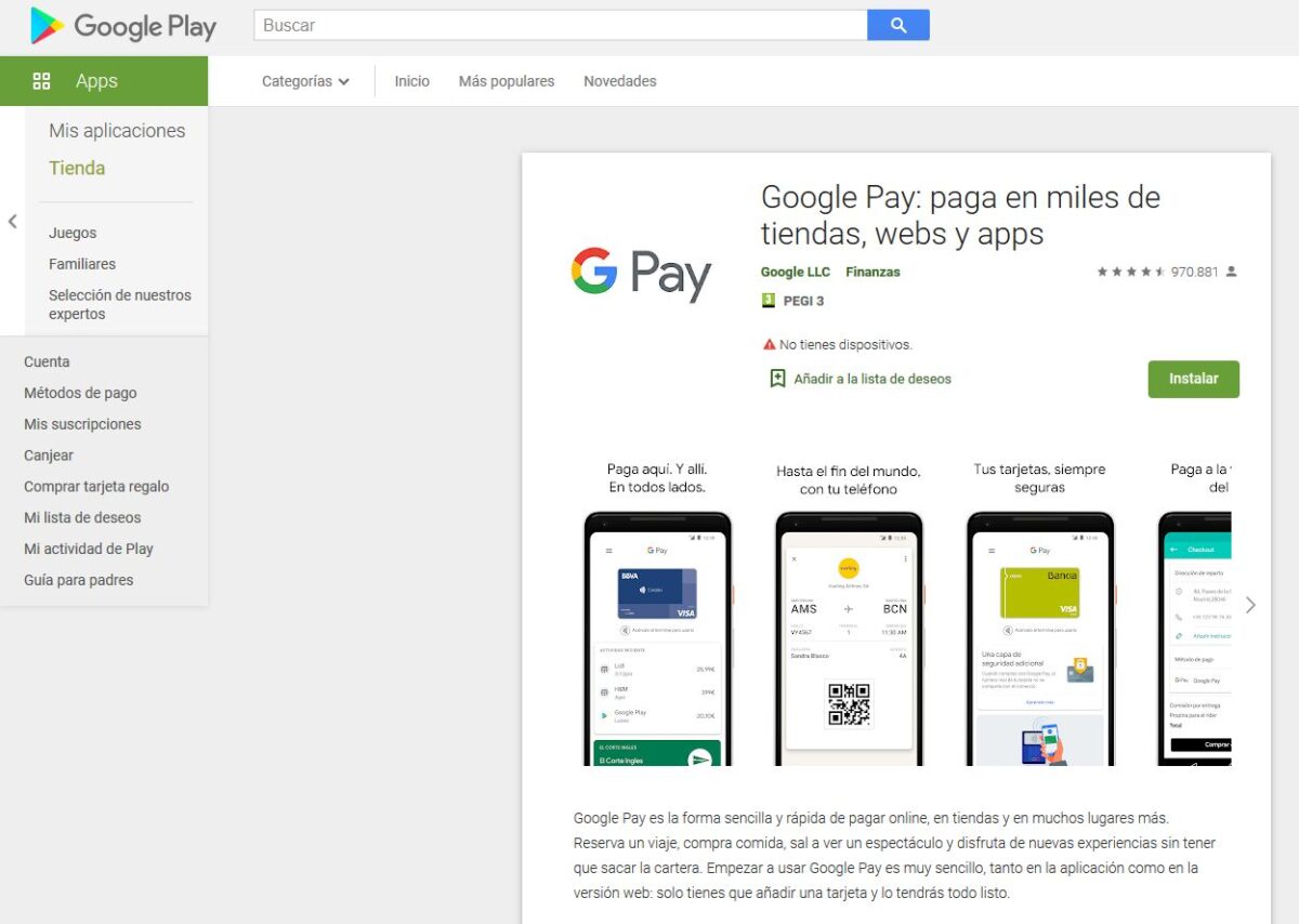 Imagen de la tienda Google Pay, donde se puede activar la instalación de Google Pay para un smartphone.