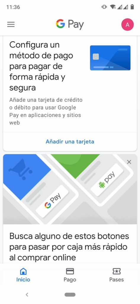 Imagen de un smarthpone enseñando la pantalla principal de Google Pay.