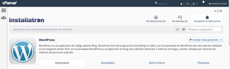 Instalar WordPress con Installatron