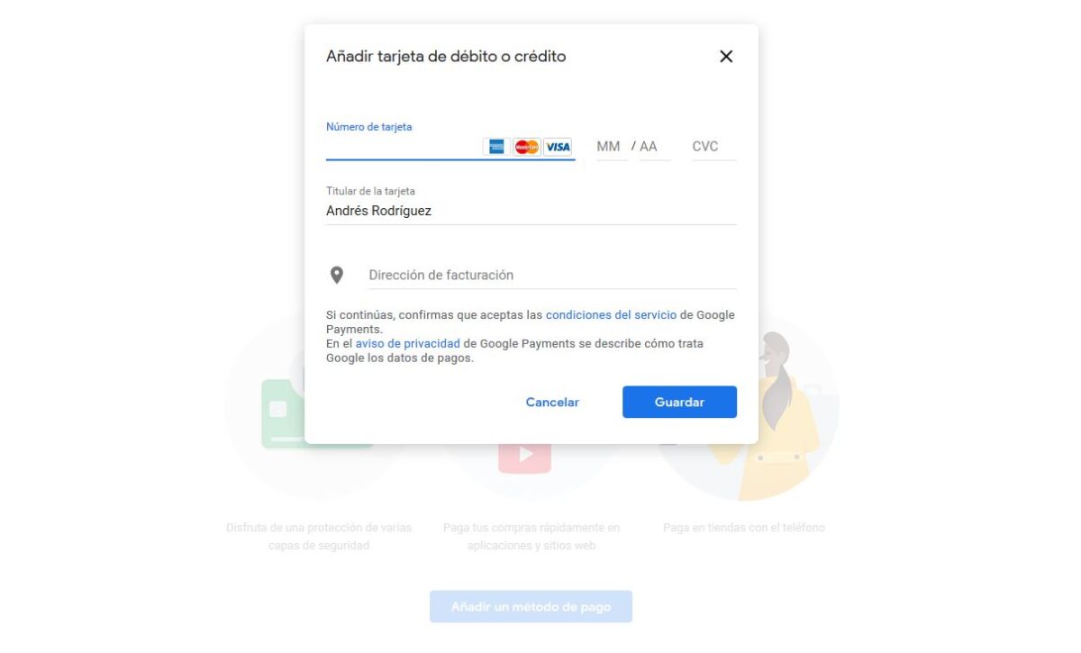 Imagen del servicio Pay de Google en la sección de insertar método de pago.