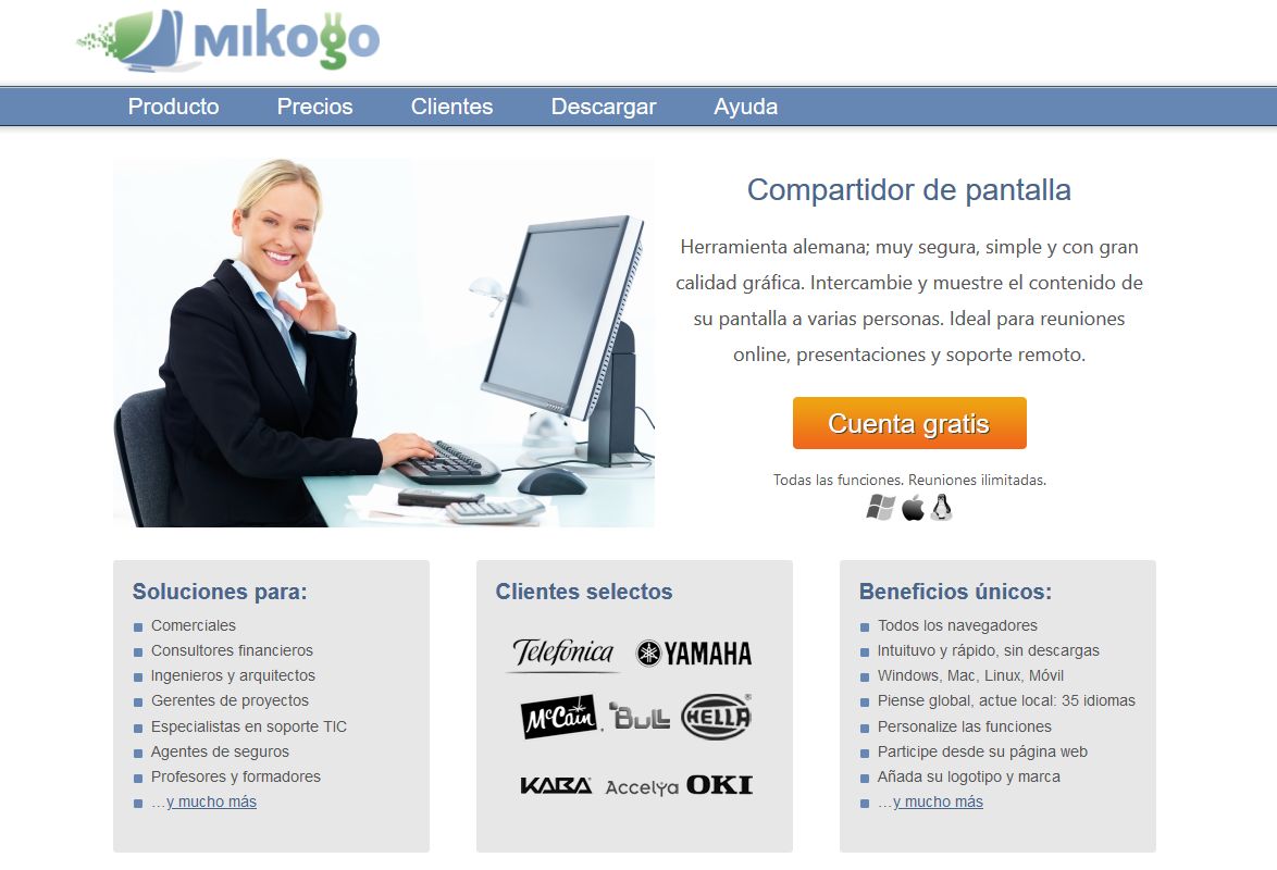 Imagen de la página web de la aplicación Mikogo, para gestionar un escritorio en remoto.