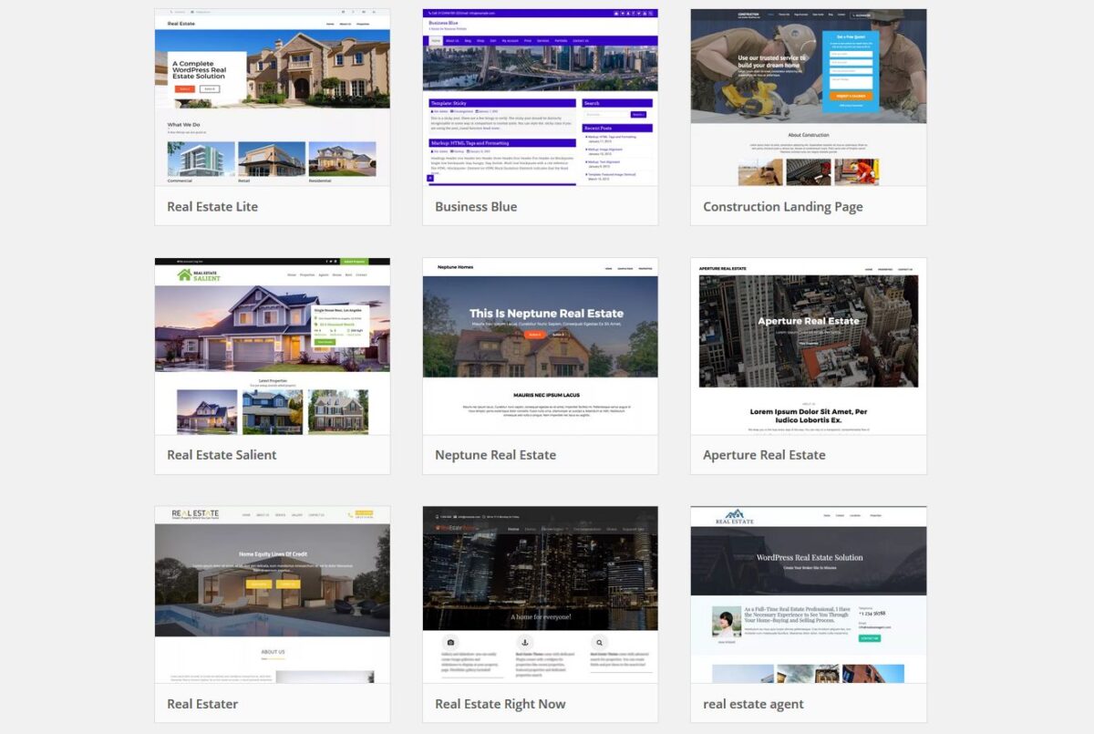 Imagen de una lista de temas WordPress para crear páginas web para inmobiliarias.