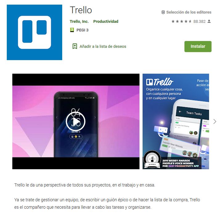 Imagen de la versión móvil de Trello donde descargarlo dentro de la Play Store de Google.