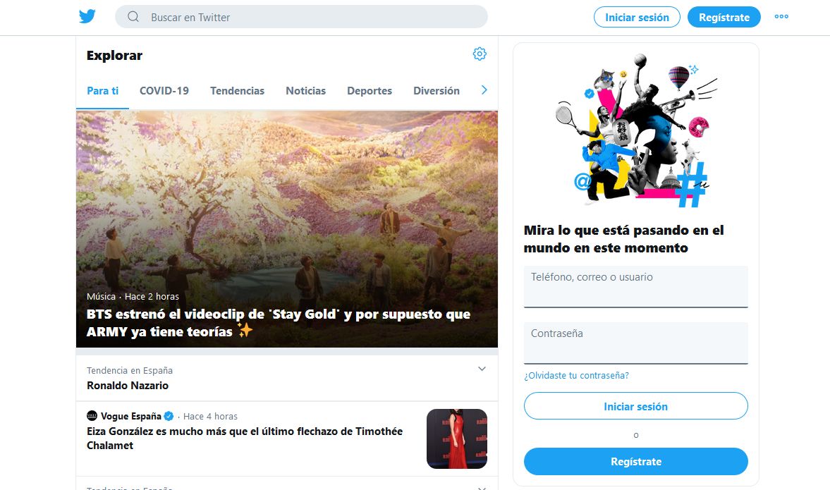 Imagen de la pantalla principal de Twitter antes de iniciar sesión.