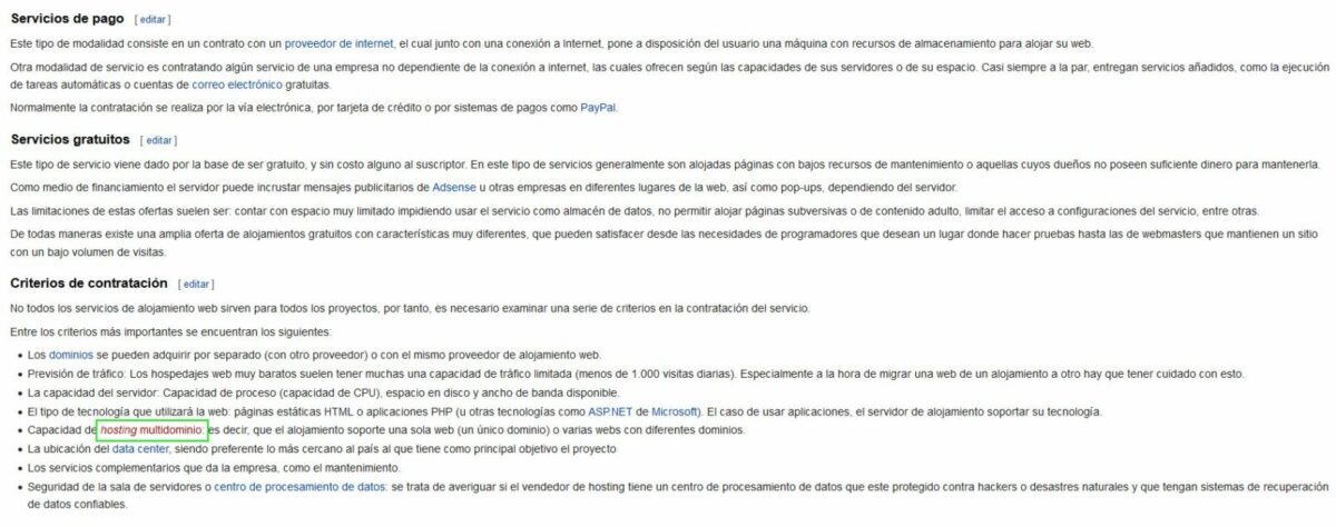 Imagen de cómo crear una página en Wikipedia para el término hosting multidominio