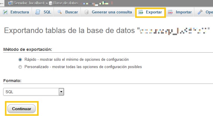 Pantalla exportando tablas de bases de datos cambio URL