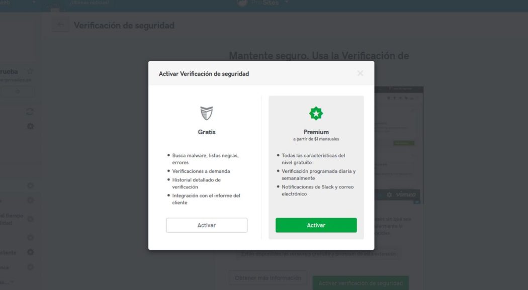 Imagen de activación de &quot;Seguridad&quot; en Pro Sites, con dos opciones