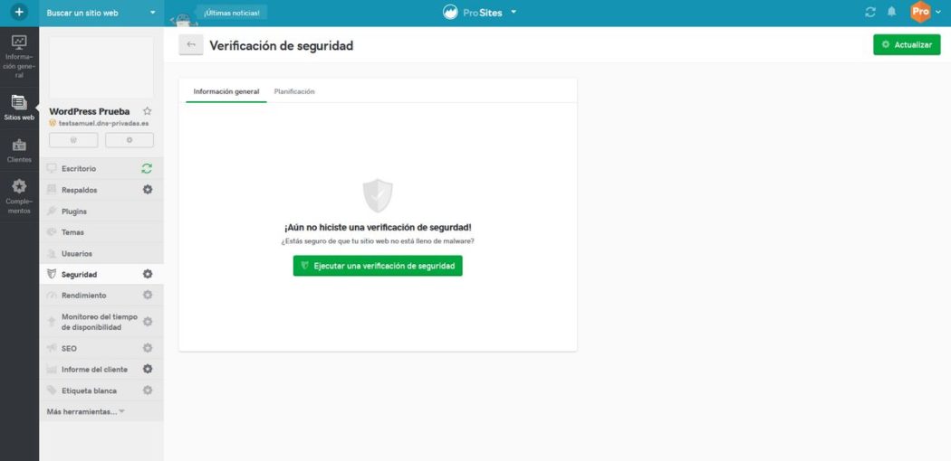 Imagen de activación de &quot;Seguridad&quot; en Pro Sites e inicio de la verificación de tu web