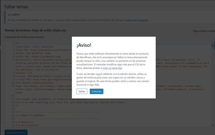 Aviso de Wordpress para no editar código directamente