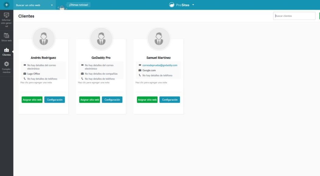 Imagen general de &quot;Clientes&quot; donde vemos los datos de todos los clientes guardados en Pro Sites