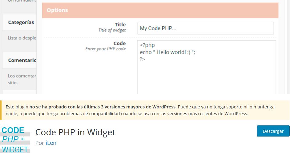 Imagen de Code PHP in Widget, un plugin WordPress para insertar código PHP en cualquier web.