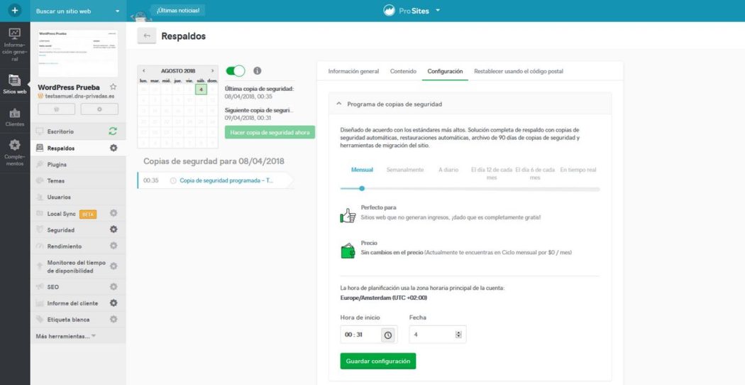 Imagen de la sección &quot;Respaldos&quot; donde se pueden programar las copias de seguridad en Pro Sites