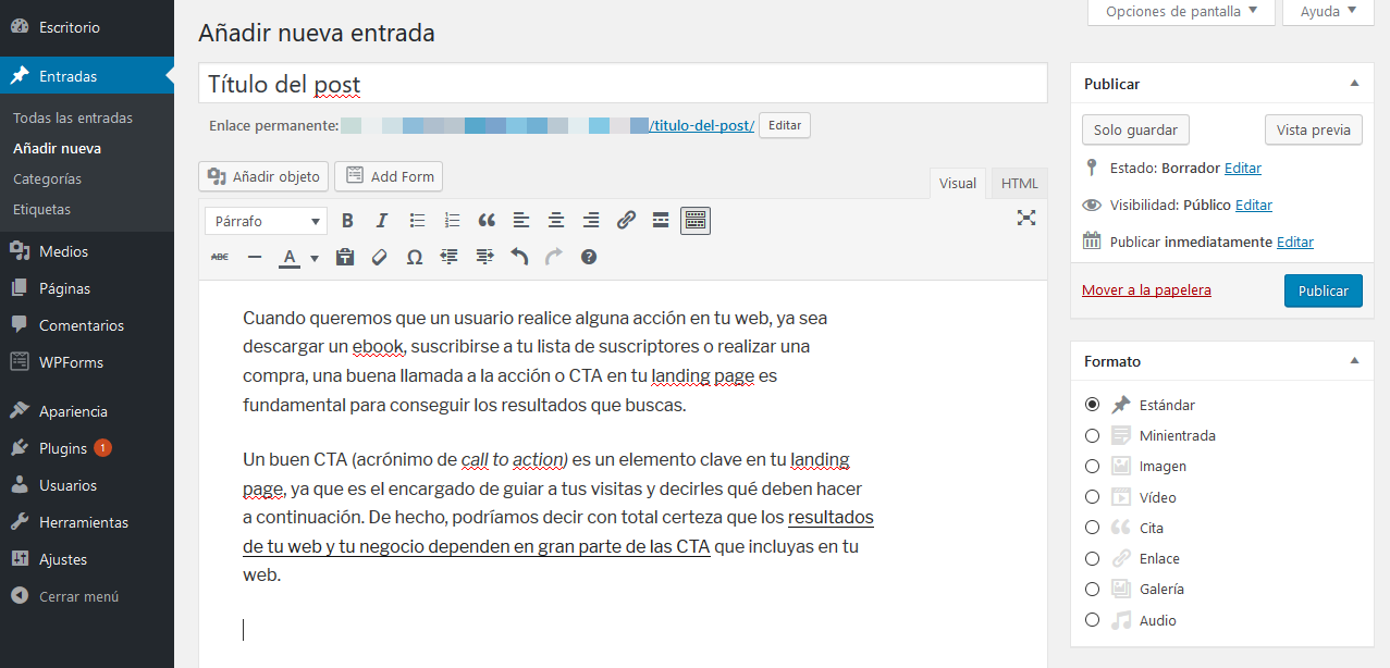 Editor de WordPress para crear un post