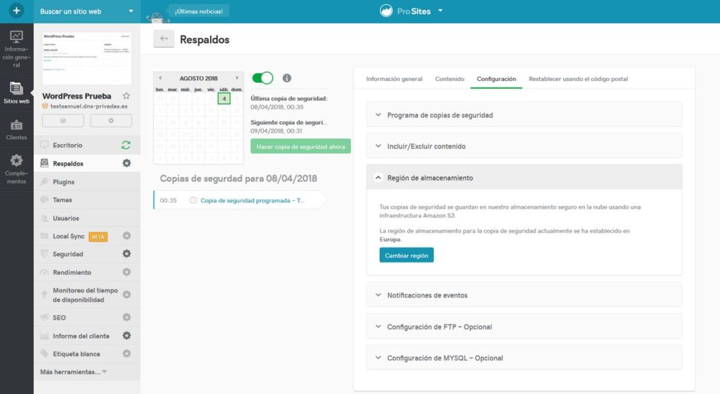 Imagen de elegir región donde guardar las copias de seguridad de Pro Sites