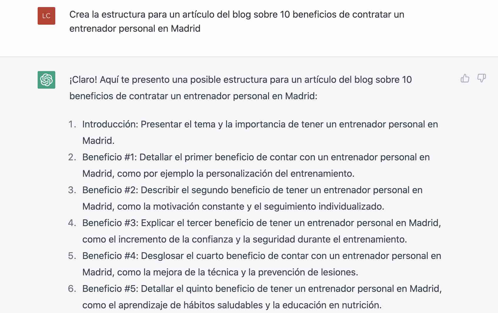 Estructura de contenido para un artículo de un blog creada por ChatGPT