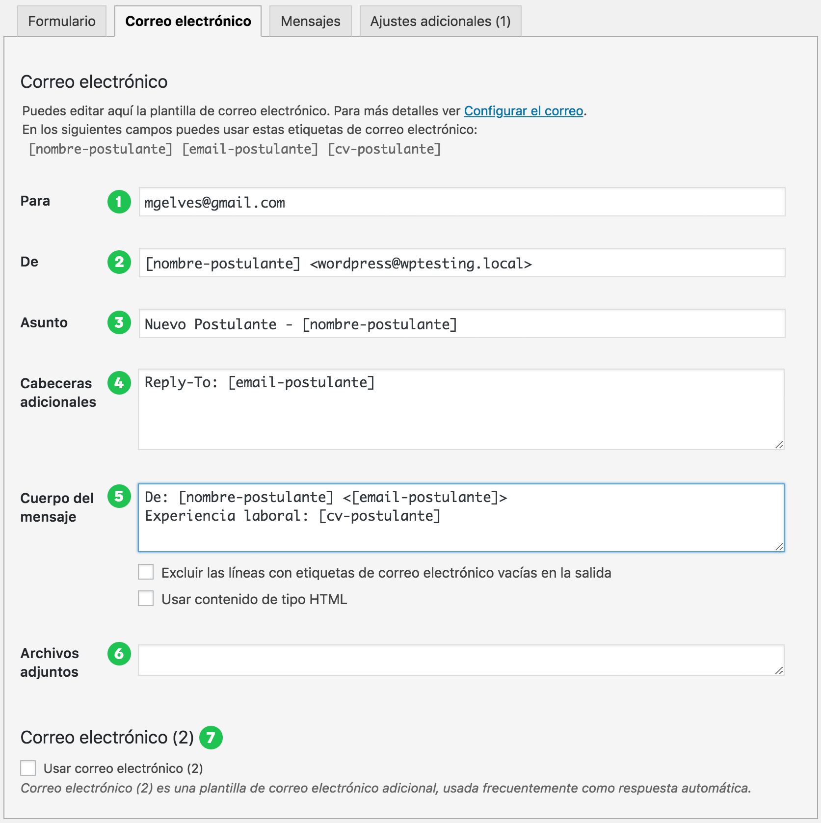 Formulario de configuración de correo contact form 7