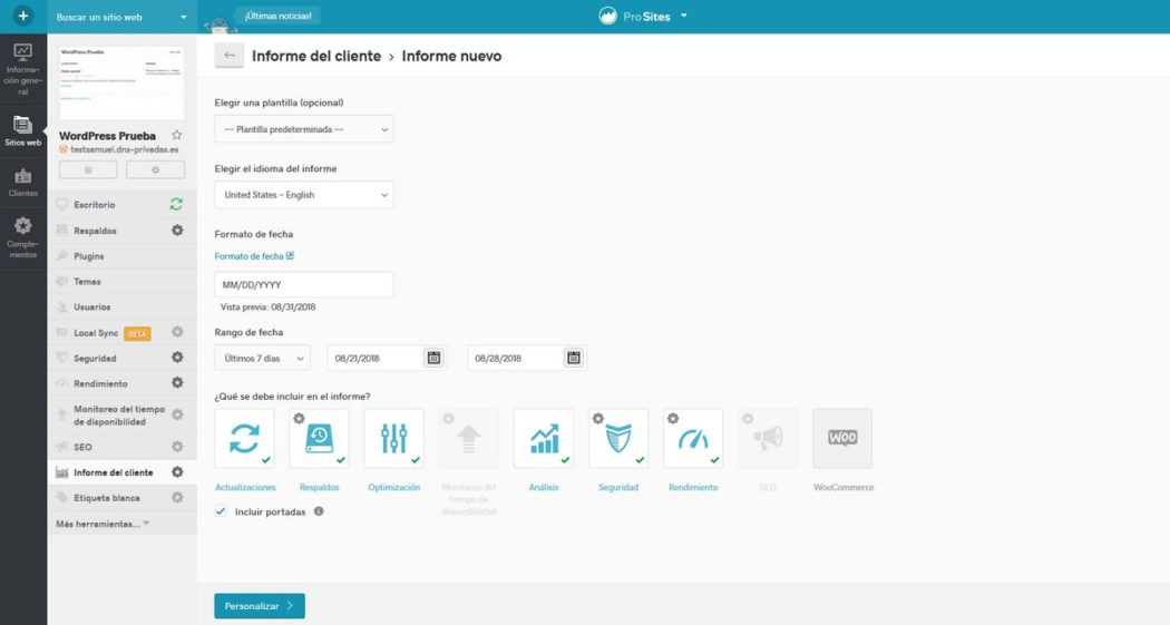 Imagen de la configuración de Informes de clientes en Pro Sites