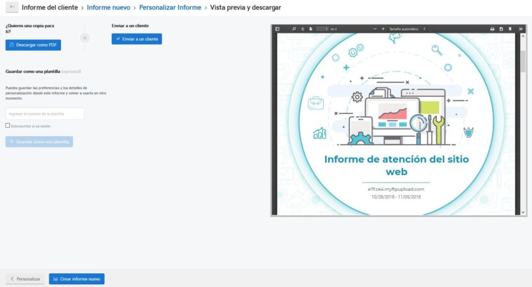 Imagen de la previsualización del Informe de Clientes en Pro Sites