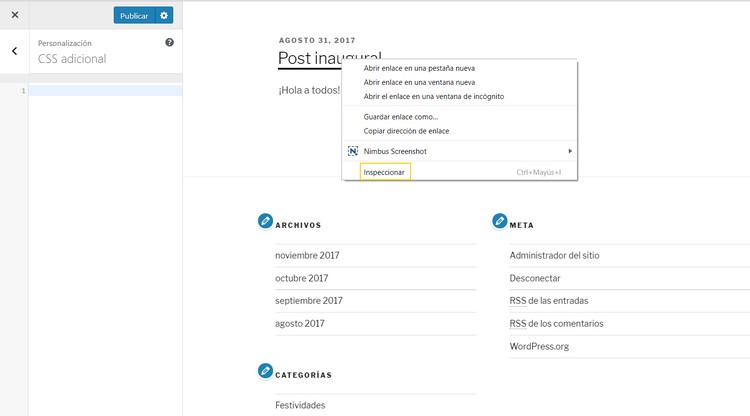 Menú de inspeccionar elemento en el navegador