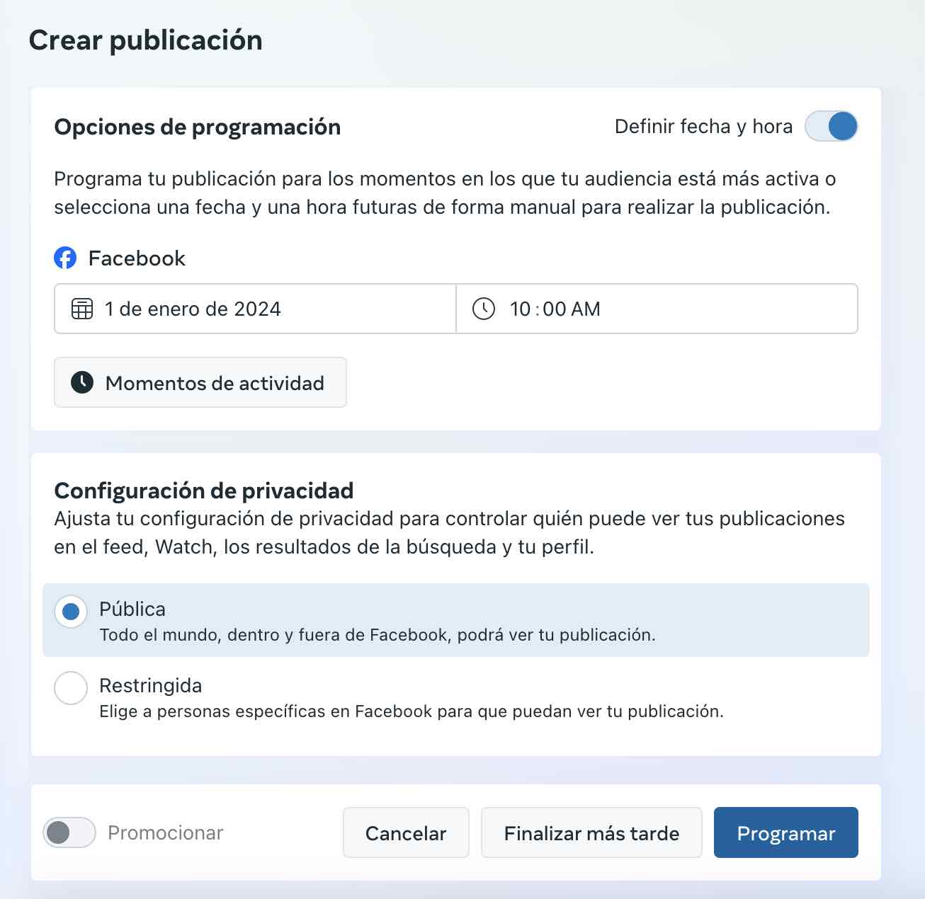 Planificador de contenidos de Meta